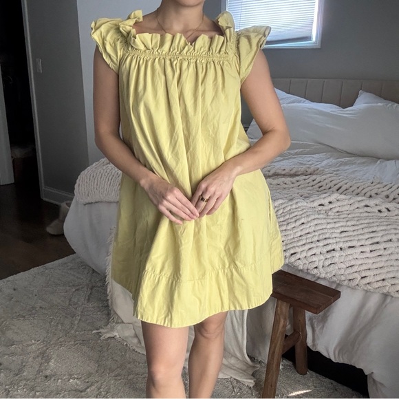 Free people Sophie ruffle sleeve slip mini dress off shoulder chartreuse pockets - Picture 3 of 11
